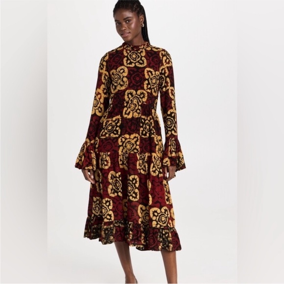 NWOT Busayo Detola Long Sleeve Midi Dress in Burgundy Multi in a size Medium - Picture 1 of 5
